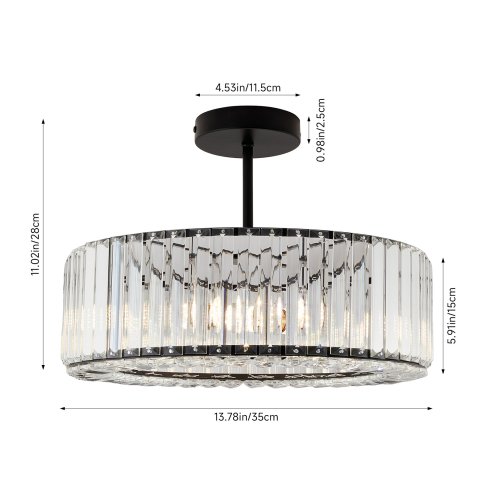 Living and Home 35cm Round Black 3-Light Crystal Flush Mount Ceiling Light, Metal Frame Vertical Crystal Ceiling Lamp with E27 Sockets, Max 40W Per Bulb, Bulbs Not Included