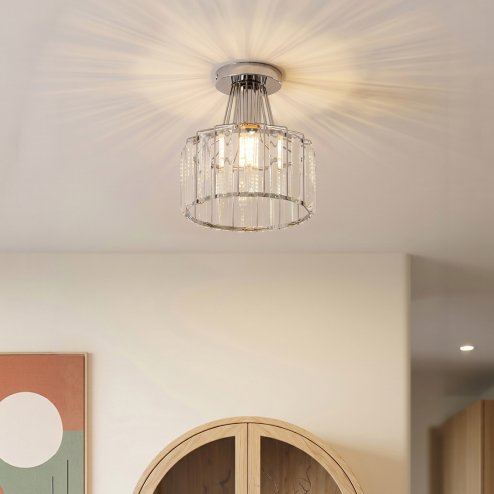 Living and Home 19cm Chrome Cylinder Crystal Flush Mount Ceiling Light, E27 Single Lamp Holder Metal Frame Corridor Ceiling Lamp (Bulbs Not Included)