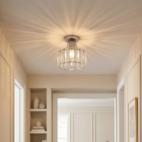 Living and Home 19cm Chrome Cylinder Crystal Flush Mount Ceiling Light, E27 Single Lamp Holder Metal Frame Corridor Ceiling Lamp (Bulbs Not Included)