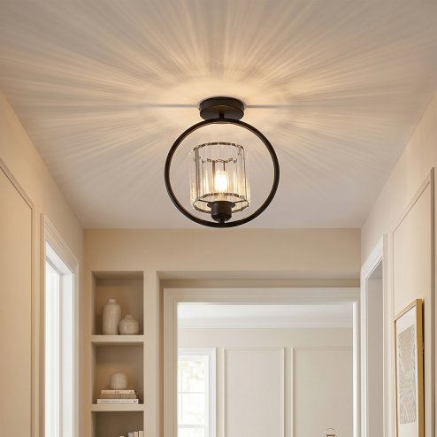 Living and Home Black Round Ring Semi Flush Mount Ceiling Light, Vertical Crystal Shade E27 Single Bulb Hallway Ceiling Lamp (Bulbs Not Included)