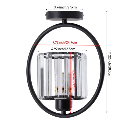 Living and Home Black Round Ring Semi Flush Mount Ceiling Light, Vertical Crystal Shade E27 Single Bulb Hallway Ceiling Lamp (Bulbs Not Included)