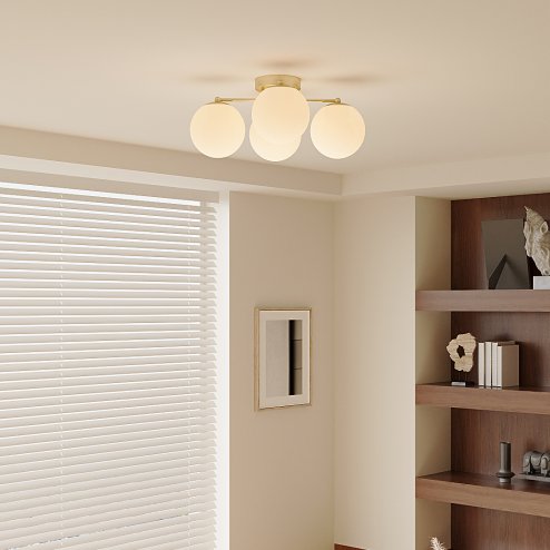 Living and Home 4-Light Gold Semi Flush Mount Ceiling Light, Milky White Glass Globe Shade E27 Ceiling Lamp, Wall Controlled Bedroom Lighting Fixture (Bulbs Not Included)