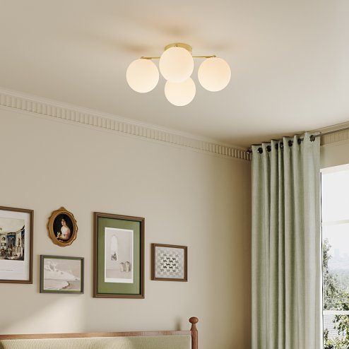 Living and Home 4-Light Gold Semi Flush Mount Ceiling Light, Milky White Glass Globe Shade E27 Ceiling Lamp, Wall Controlled Bedroom Lighting Fixture (Bulbs Not Included)