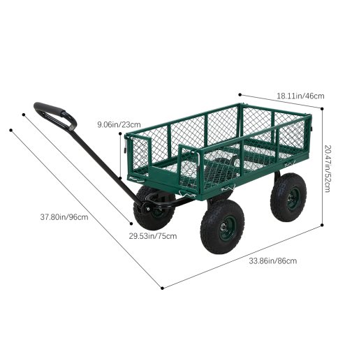Living and Home 500lbs Heavy Duty Garden Trolley Cart On Wheels, Utility Wagon with Removable Sides & Pneumatic Tires, Green