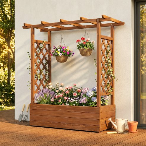 Living and Home Raised Garden Bed with Integrated Trellis and Overhead Slats, 110cm W x 44.5cm D x 113 cm H
