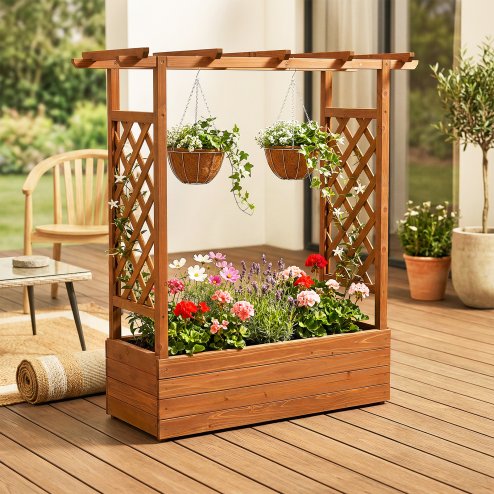 Living and Home Raised Garden Bed with Integrated Trellis and Overhead Slats, 110cm W x 44.5cm D x 113 cm H