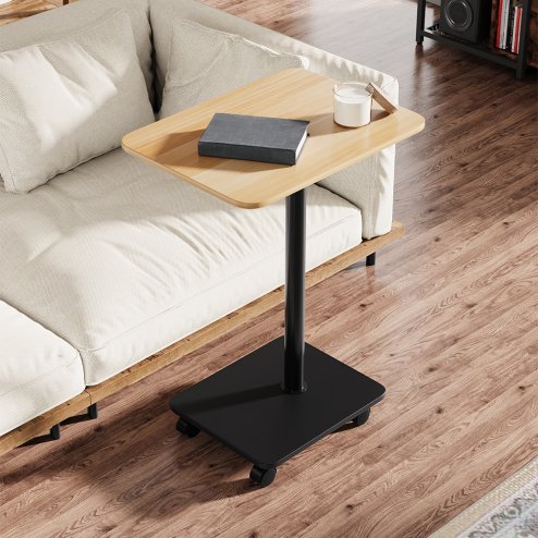 Living and Home C Shaped Side Table with Lockable Wheels, Natural Wood