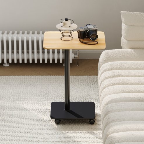 Living and Home C Shaped Side Table with Lockable Wheels, Natural Wood