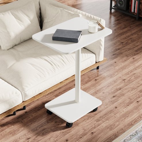Living and Home C Shaped Side Table with Lockable Wheels, White