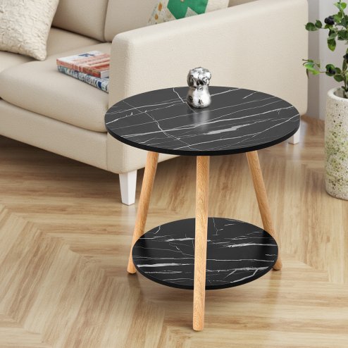 Living and Home 50cm Black Double-Tier Round Wooden Side Table