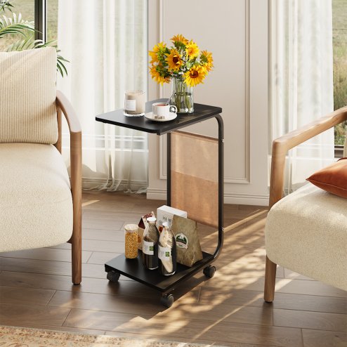 Living and Home C-Shaped Side Table with Storage Bag, Black