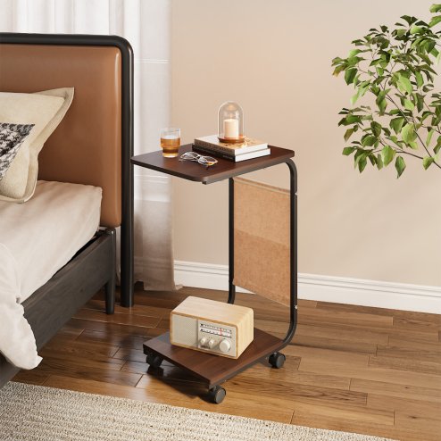 Living and Home C-Shaped Side Table with Storage Bag, Dark Walnut