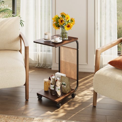 Living and Home C-Shaped Side Table with Storage Bag, Dark Walnut