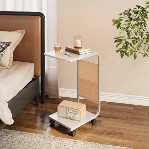 Living and Home C-Shaped Side Table with Storage Bag, White