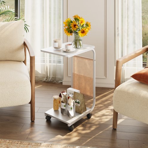Living and Home C-Shaped Side Table with Storage Bag, White