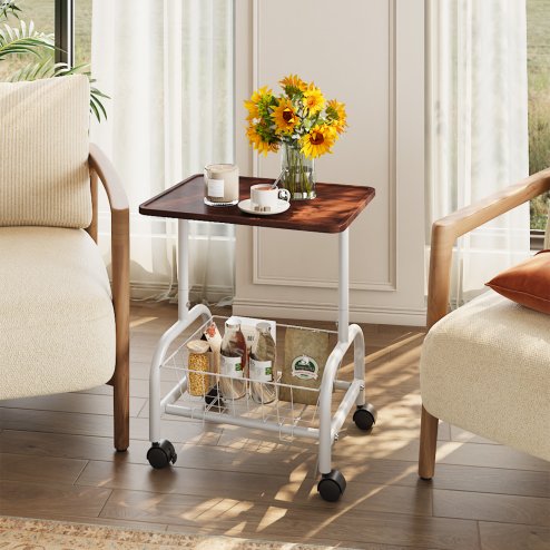 Living and Home Mobile Side Table with Lower Basket, Walnut