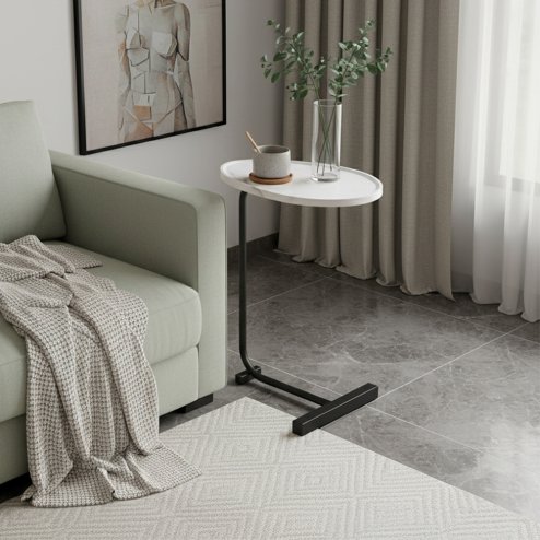 Living and Home C-Shaped Oval Grooved Side Table, White Marble