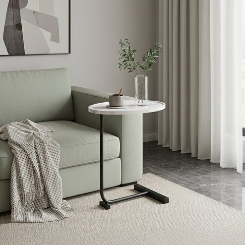 Living and Home C-Shaped Oval Grooved Side Table, White Marble