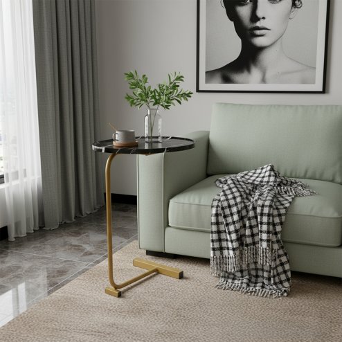 Living and Home C-Shaped Oval Grooved Side Table, Black Marble+Gold Leg