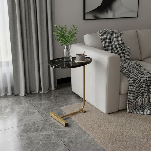 Living and Home C-Shaped Oval Grooved Side Table, Black Marble+Gold Leg