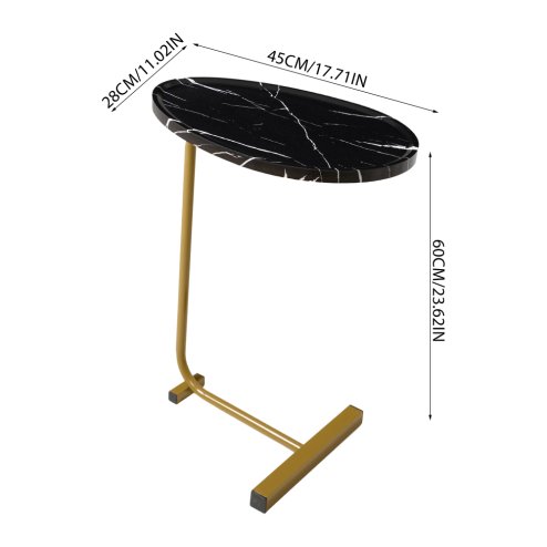 Living and Home C-Shaped Oval Grooved Side Table, Black Marble+Gold Leg