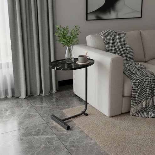 Living and Home C-Shaped Oval Grooved Side Table, Black Marble