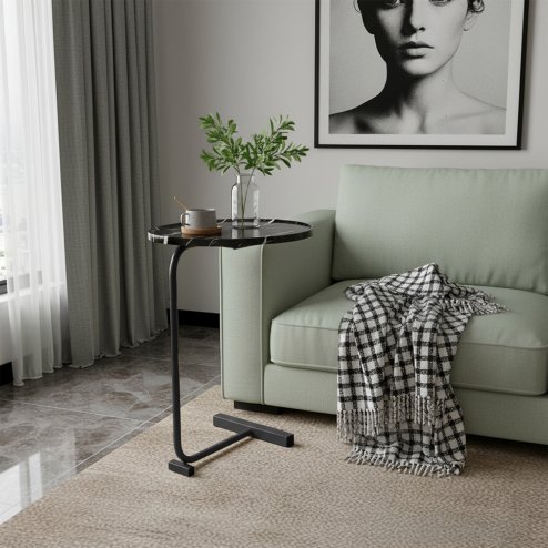 Living and Home C-Shaped Oval Grooved Side Table, Black Marble