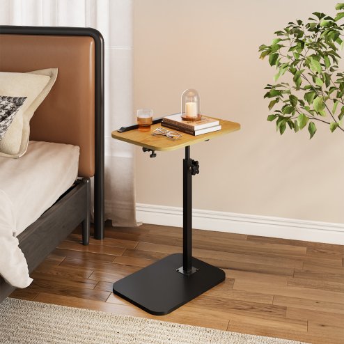 Living and Home 57-85cm Height Adjustable Side Table in Natural Wood, 360° Rotatable Tilt E1 MDF Top End Table with Black Iron Frame
