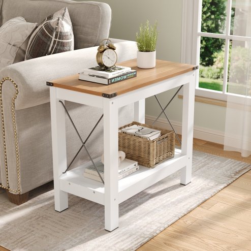 Living and Home Modern Wood Grain Top Sofa Side Table w/ Lower Shelf - 60x30x55cm