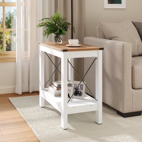 Living and Home Modern Wood Grain Top Sofa Side Table w/ Lower Shelf - 60x30x55cm