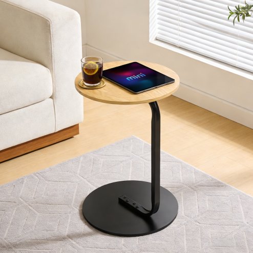 39cm Dia C-Shaped Side Table, Natural Wood
