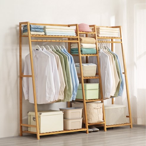 Living and Home Trapezoid Bamboo Garment Rack with Tiered Storage Shelves, Natural