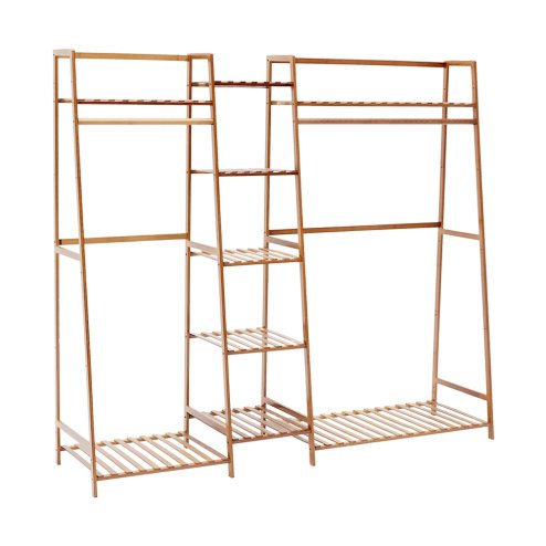 Living and Home Trapezoid Bamboo Garment Rack with Tiered Storage Shelves, Natural