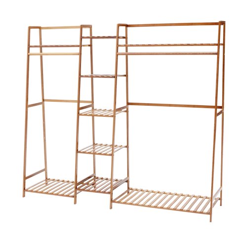 Living and Home Trapezoid Bamboo Garment Rack with Tiered Storage Shelves, Natural