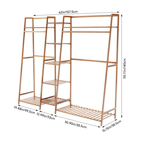 Living and Home Trapezoid Bamboo Garment Rack with Tiered Storage Shelves, Natural