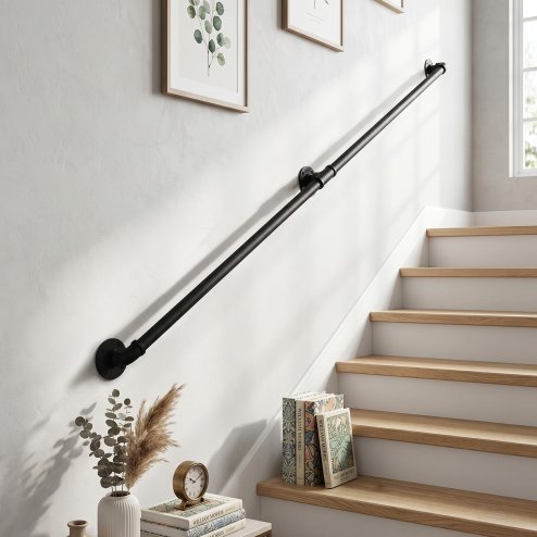 Living and Home 1.5M Matte Black Industrial Pipe Stair Handrail, 32mm Diameter Galvanized Steel Wall Mount Stair Rail