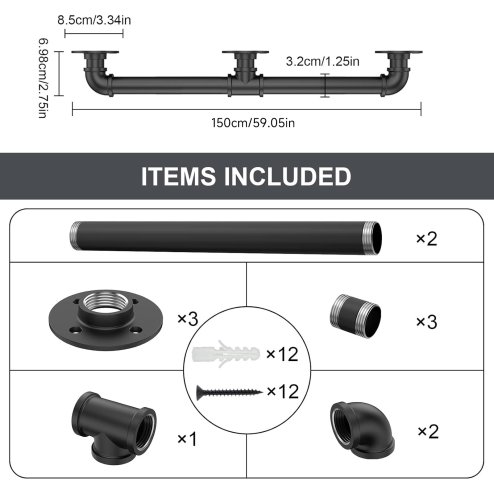 Living and Home 1.5M Matte Black Industrial Pipe Stair Handrail, 32mm Diameter Galvanized Steel Wall Mount Stair Rail