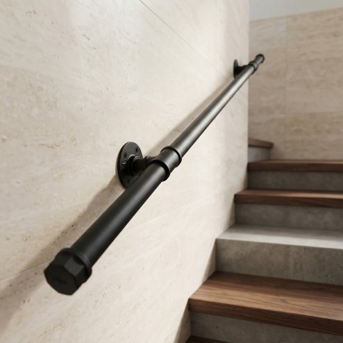 Living and Home 1/1.5/2/3M Matte Black Industrial Pipe Stair Handrail, 32mm Diameter Galvanized Steel Wall Mount Stair Rail with Complete Installation Hardware Kit for Indoor Steps