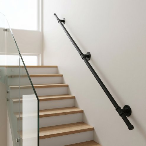 Living and Home 1/1.5/2/3M Matte Black Industrial Pipe Stair Handrail, 32mm Diameter Galvanized Steel Wall Mount Stair Rail with Complete Installation Hardware Kit for Indoor Steps