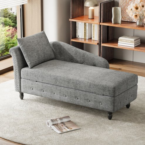 Living and Home Left Hand Facing Chenille Chaise Lounge with Storage and Pillow, Grey