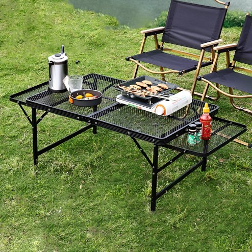 Living and Home Black Outdoor Portable Height-Adjustable Folding Camping Table, 135cm (W) x 60cm (D) x 70cm (H)