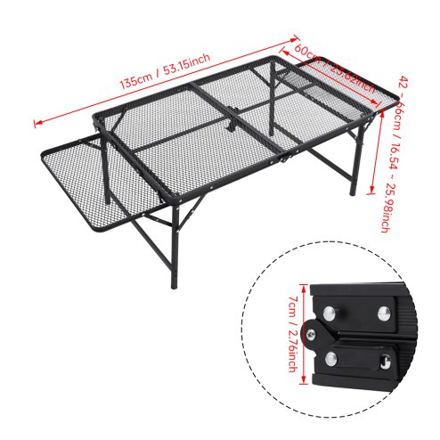 Living and Home Black Outdoor Portable Height-Adjustable Folding Camping Table, 135cm (W) x 60cm (D) x 70cm (H)
