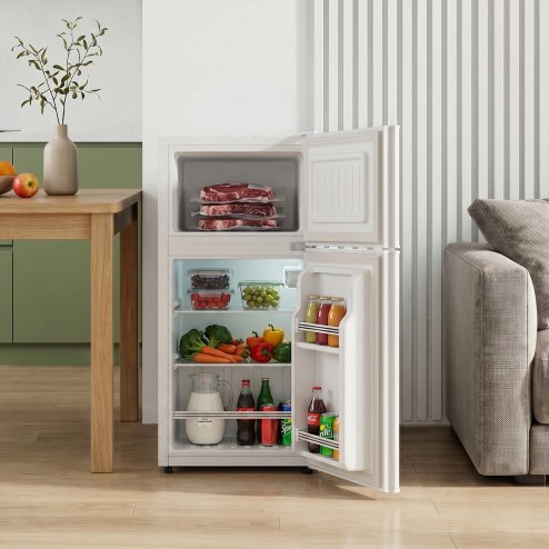 51L Freestanding Top Freezer Fridge with Adjustable Shelves, Bottle Storage Rack