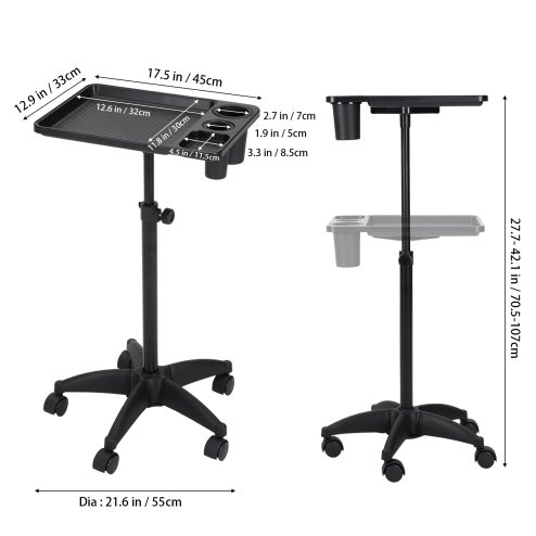 Living and Home Adjustable-Height Salon Tray on Wheels with Tool Holders