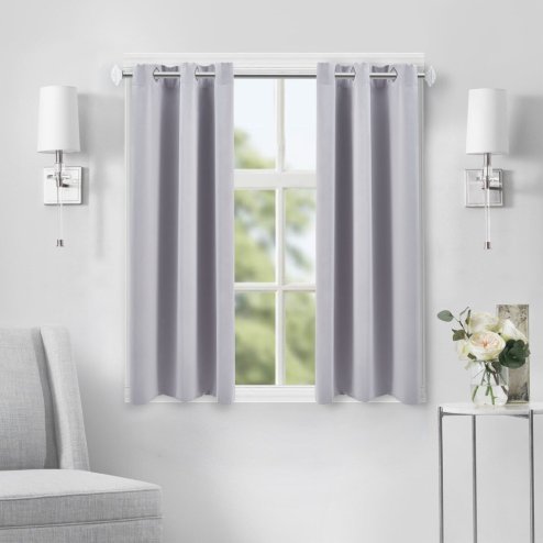 Pair of Solid Colour Grommet Top Polyester 100% Blackout Curtains with Stainless Steel Grommets, Light Grey, 117cm W x 137cm H