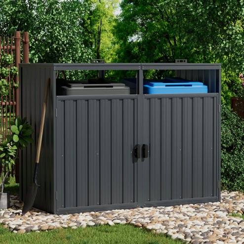 Living and Home Outdoor 2-bin Metal Garbage Can Garden Storage Shed, Galvanised Steel Bin Store, Dark Grey