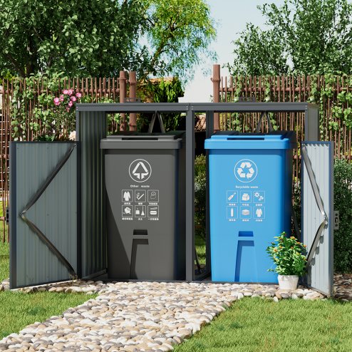 Living and Home Outdoor 2-bin Metal Garbage Can Garden Storage Shed, Galvanised Steel Bin Store, Dark Grey