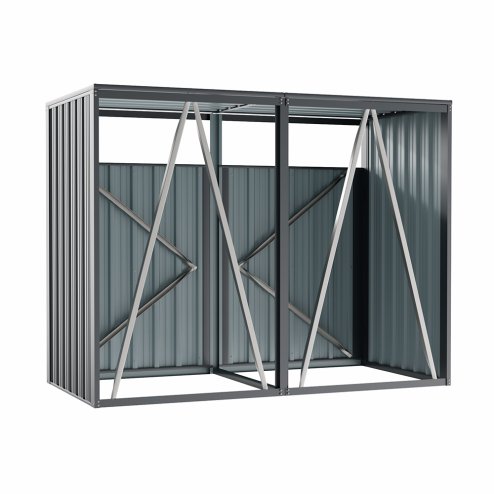Living and Home Outdoor 2-bin Metal Garbage Can Garden Storage Shed, Galvanised Steel Bin Store, Dark Grey