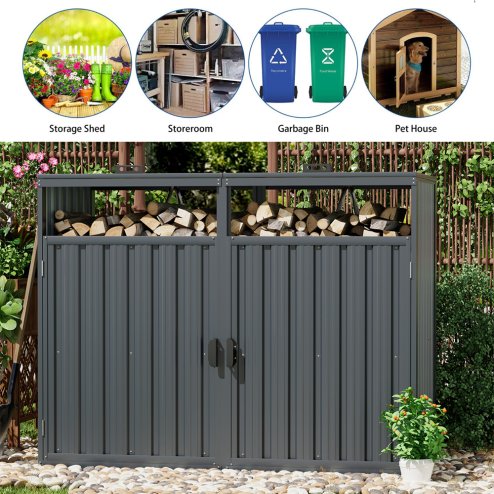 Living and Home Outdoor 2-bin Metal Garbage Can Garden Storage Shed, Galvanised Steel Bin Store, Dark Grey