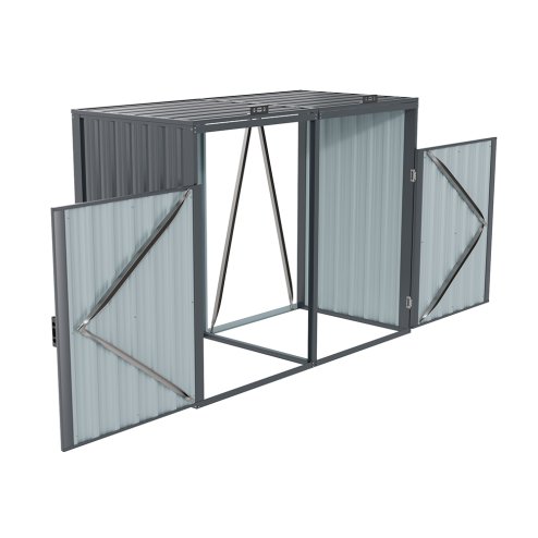 Living and Home Outdoor 2-bin Metal Garbage Can Garden Storage Shed, Galvanised Steel Bin Store, Dark Grey